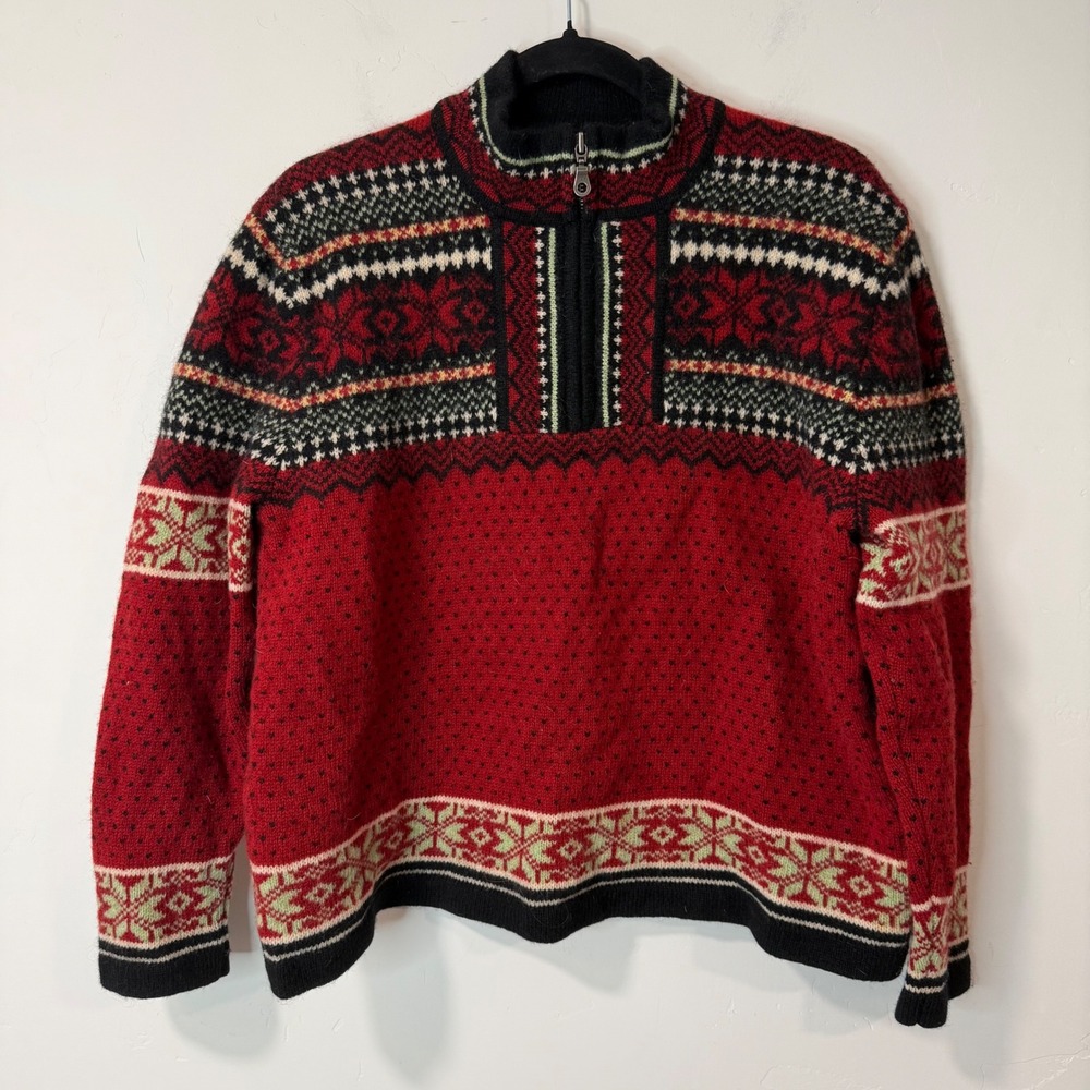 Frost Womens Quarter Zip 100% Wool Sweater L Red Fair Isle‎ Snowflake Pullover